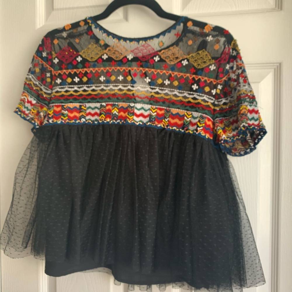 RARE Zara embroidered and beaded swiss dot top